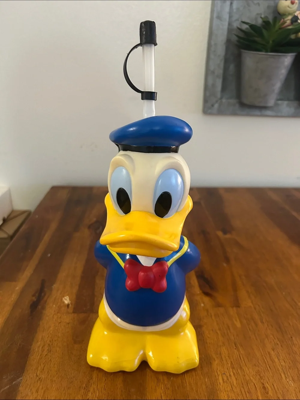 Vintage Disney Donald Duck Hard Plastic Water Bottle Straw and Cap Intact.